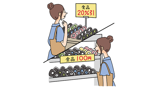 「全品20％引」のおにぎりを見る女性と「全品100円」のおにぎりを見る女性のイラストイメージ