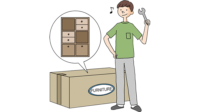 組み立て式の家具を組み立てようとする男性のイラストイメージ