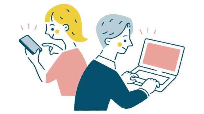 男女がそれぞれパソコンとスマホを使用しているイラスト画像