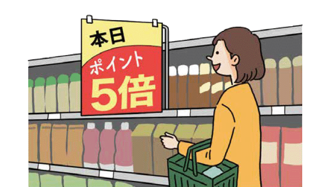 本日ポイント5倍の広告を見ている女性のイラストイメージ